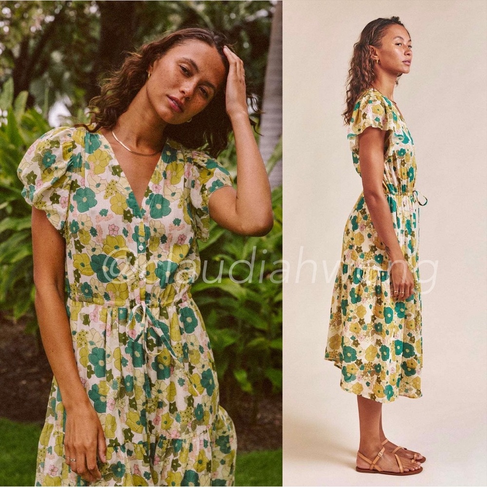New TROVATA Birds of Paradis Kristi Dress in Bungalow Floral Green